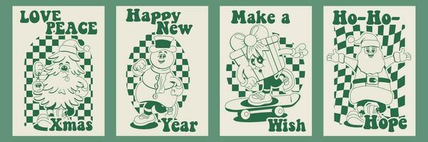 Groovy retro cartoon characters Merry Christmas in monochrome style. Modern 60s-80s vector illustration.
