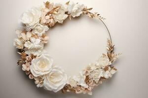 AI Generated flower wreath on white with copy space photo