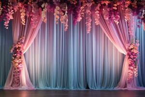 AI Generated Curtain Background with Flowers photo