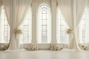 AI Generated Wedding Curtain Arch with Flowers photo