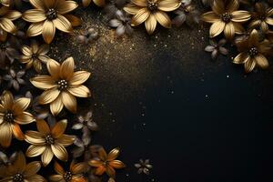 AI Generated golden flowers on dark background with copy space photo