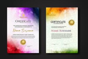 Set modern certificate template with gradation colorful polygon shape ornament vector