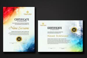 Set modern certificate template with gradation colorful polygon shape ornament vector