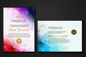 Set modern certificate template with gradation colorful polygon shape ornament vector