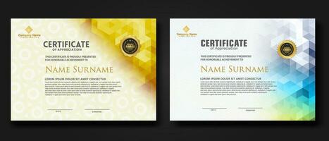 Set modern certificate template with gradation colorful polygon shape ornament vector