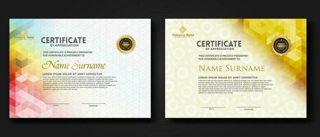 Set modern certificate template with gradation colorful polygon shape ornament vector