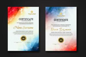 Set modern certificate template with gradation colorful polygon shape ornament vector