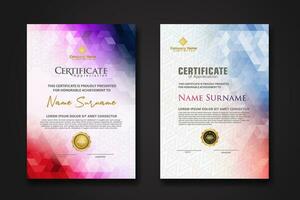 Set modern certificate template with gradation colorful polygon shape ornament vector