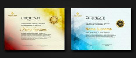 Set modern certificate template with gradation colorful polygon shape ornament vector