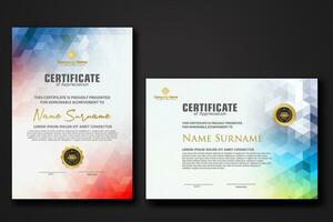 Set modern certificate template with gradation colorful polygon shape ornament vector