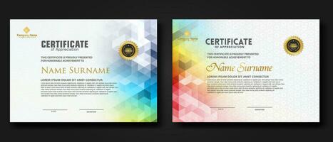 Set modern certificate template with gradation colorful polygon shape ornament vector