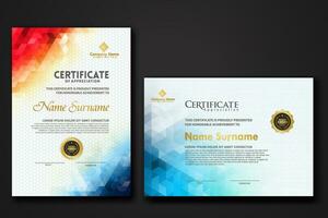 Set modern certificate template with gradation colorful polygon shape ornament vector