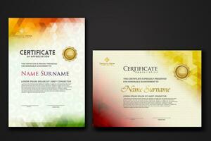 Set modern certificate template with gradation colorful polygon shape ornament vector