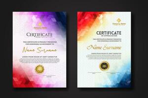 Set modern certificate template with gradation colorful polygon shape ornament vector