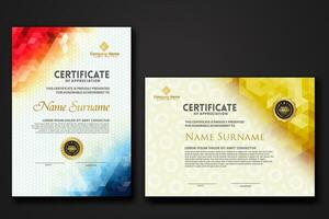 Set modern certificate template with gradation colorful polygon shape ornament vector