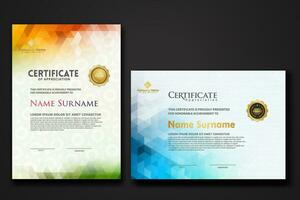 Set modern certificate template with gradation colorful polygon shape ornament vector