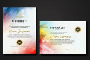 Set modern certificate template with gradation colorful polygon shape ornament vector