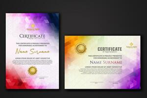 Set modern certificate template with gradation colorful polygon shape ornament vector