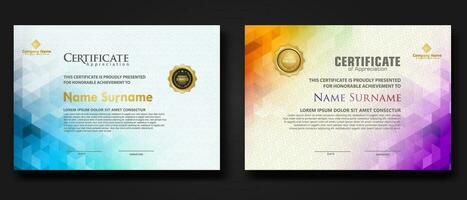 Set modern certificate template with gradation colorful polygon shape ornament vector