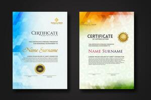 Set modern certificate template with gradation colorful polygon shape ornament vector