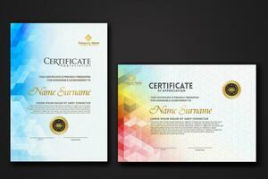 Set modern certificate template with gradation colorful polygon shape ornament vector