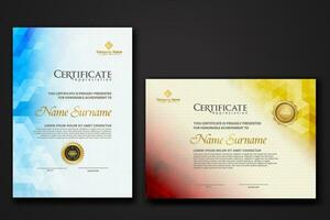 Set modern certificate template with gradation colorful polygon shape ornament vector