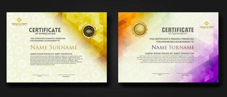 Set modern certificate template with gradation colorful polygon shape ornament vector