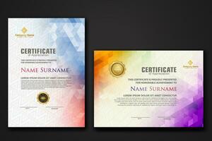 Set modern certificate template with gradation colorful polygon shape ornament vector