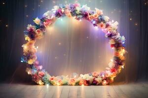 AI Generated Colorful Arch with Flowers and Lights photo