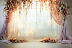 AI Generated Curtain Background with Flowers photo