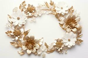 AI Generated flower wreath on white with copy space photo