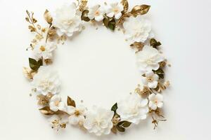 AI Generated flower wreath on white with copy space photo