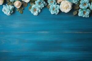 AI Generated Flowers on Blue with copy space photo
