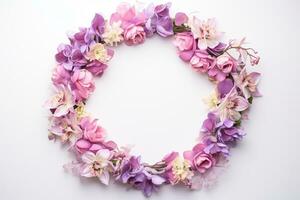 AI Generated flower wreath on white with copy space photo