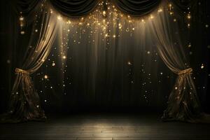 AI Generated sparkling curtain background with lights photo