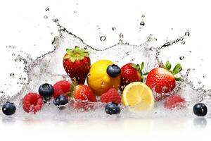 AI Generated fruits isolated on white with water splash photo