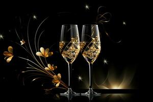 AI Generated celebration background with champagne glasses on black photo