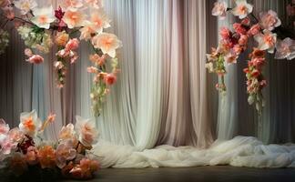 AI Generated Curtain Background with Flowers photo