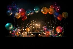 AI Generated celebration background with balloons on black photo