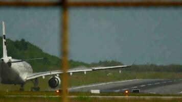 PHUKET, THAILAND NOVEMBER 26, 2016 - Rear view of FinnAir aircraft speed up before take off at Phuket airport video