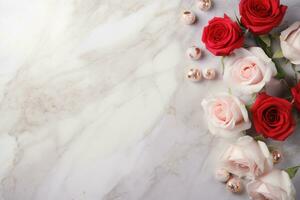 AI Generated Roses on Marble with Copy Space photo