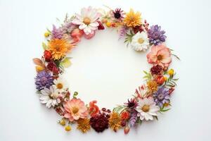 AI Generated flower wreath on white with copy space photo