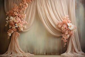 AI Generated Curtain Background with Flowers photo