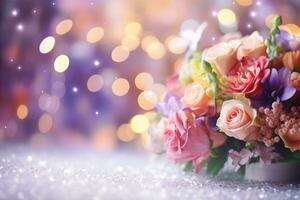 AI Generated Flower Background with Bokeh Lights and Copy Space photo