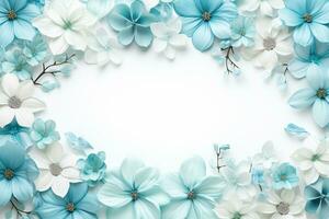 AI Generated blue flowers on white with copy space photo