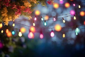 AI Generated Colorful Light String Background at Night photo