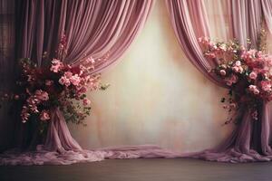 AI Generated Curtain Background with Flowers photo