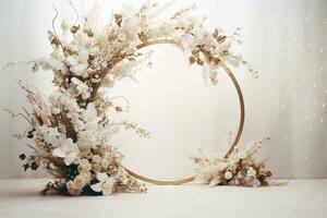 AI Generated flower wreath on white with copy space photo