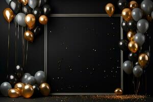 AI Generated celebration background with balloons on black photo