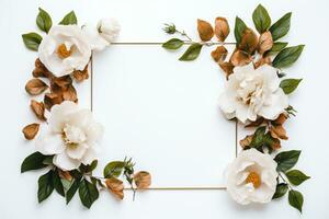 AI Generated flower frame on white with copy space photo